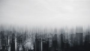 Black and white image of city skyline