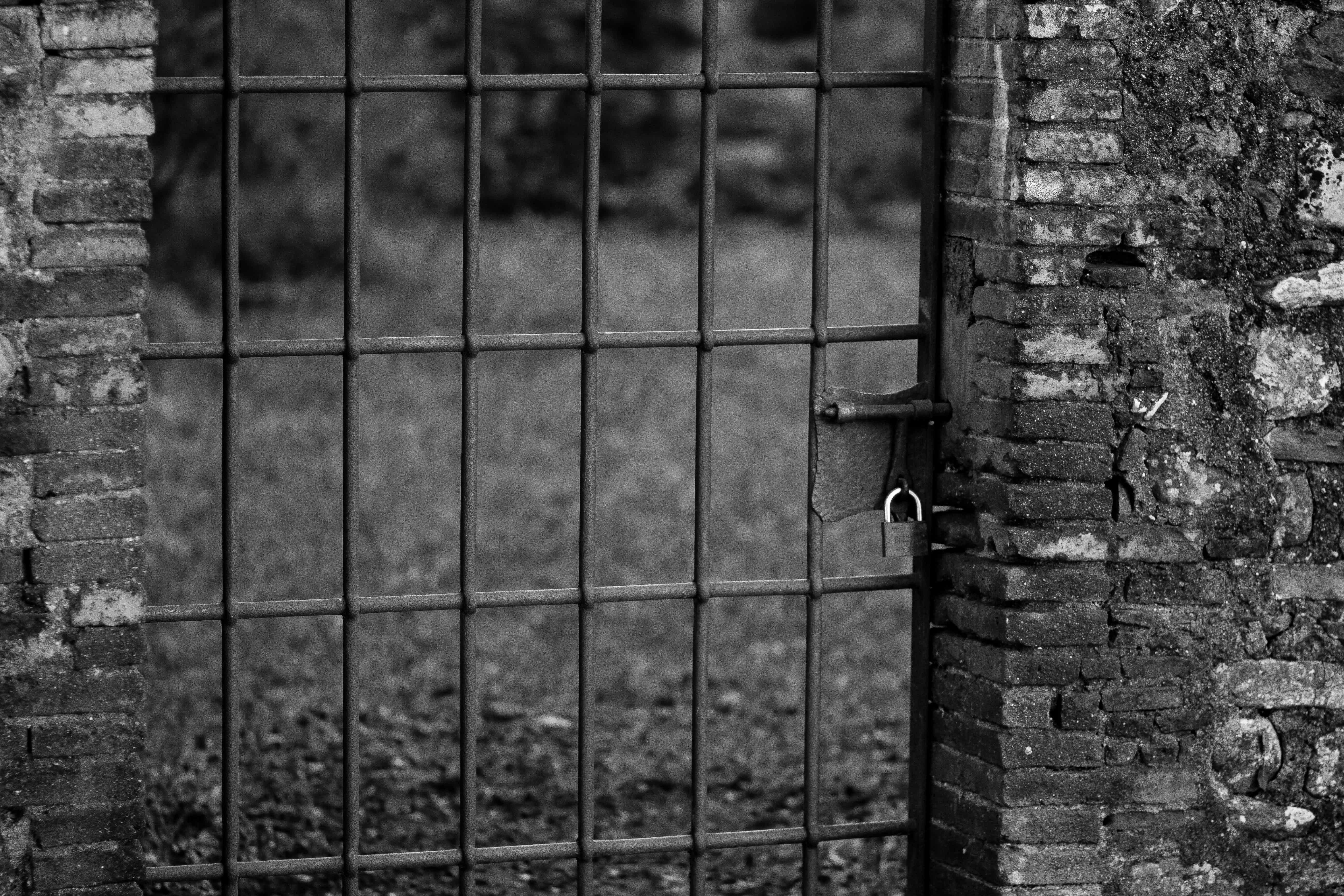 Black and white image of a locked gate.